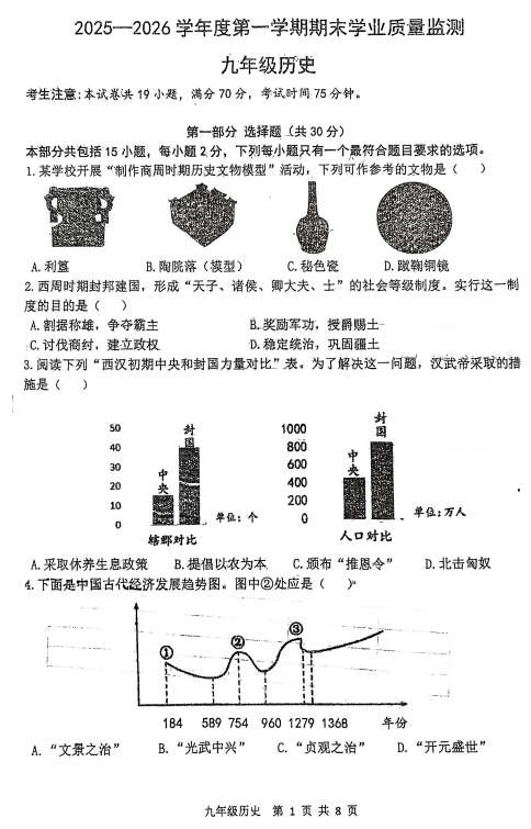 辽宁省瓦房店市第十九中学2025-2026学年九年级上学期期末历史试卷