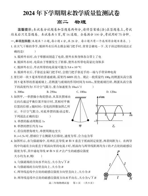 2024-2025学年高二上学期期末教学质量监测物理试卷