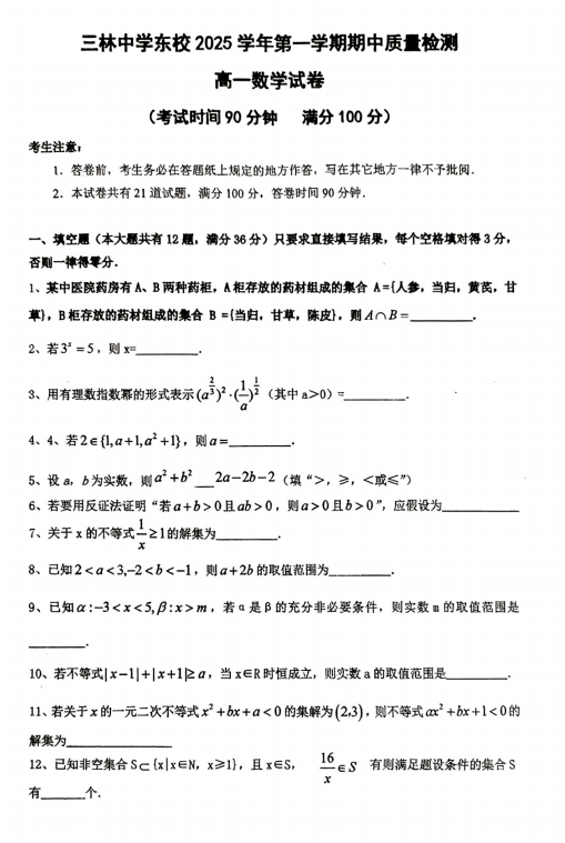 上海市三林中学东校2025-2026学年高一上学期期中考试数学试卷
