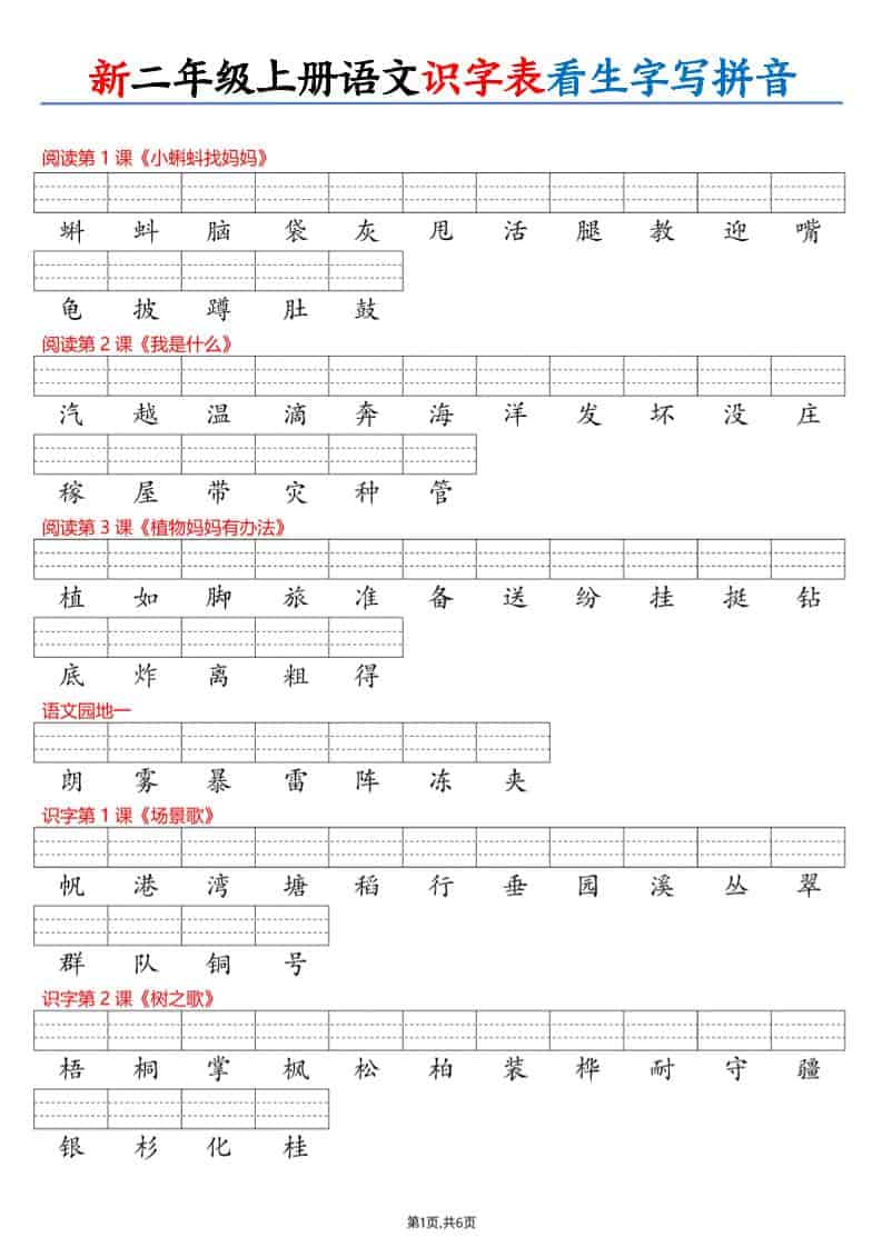 26新二年级上册语文识字表看生字写拼音（6页）